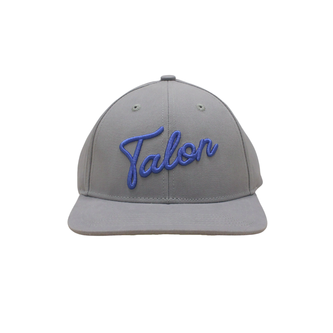 Flat Brim Hat - Grey w/ Royal Script by Talon Golf LLC